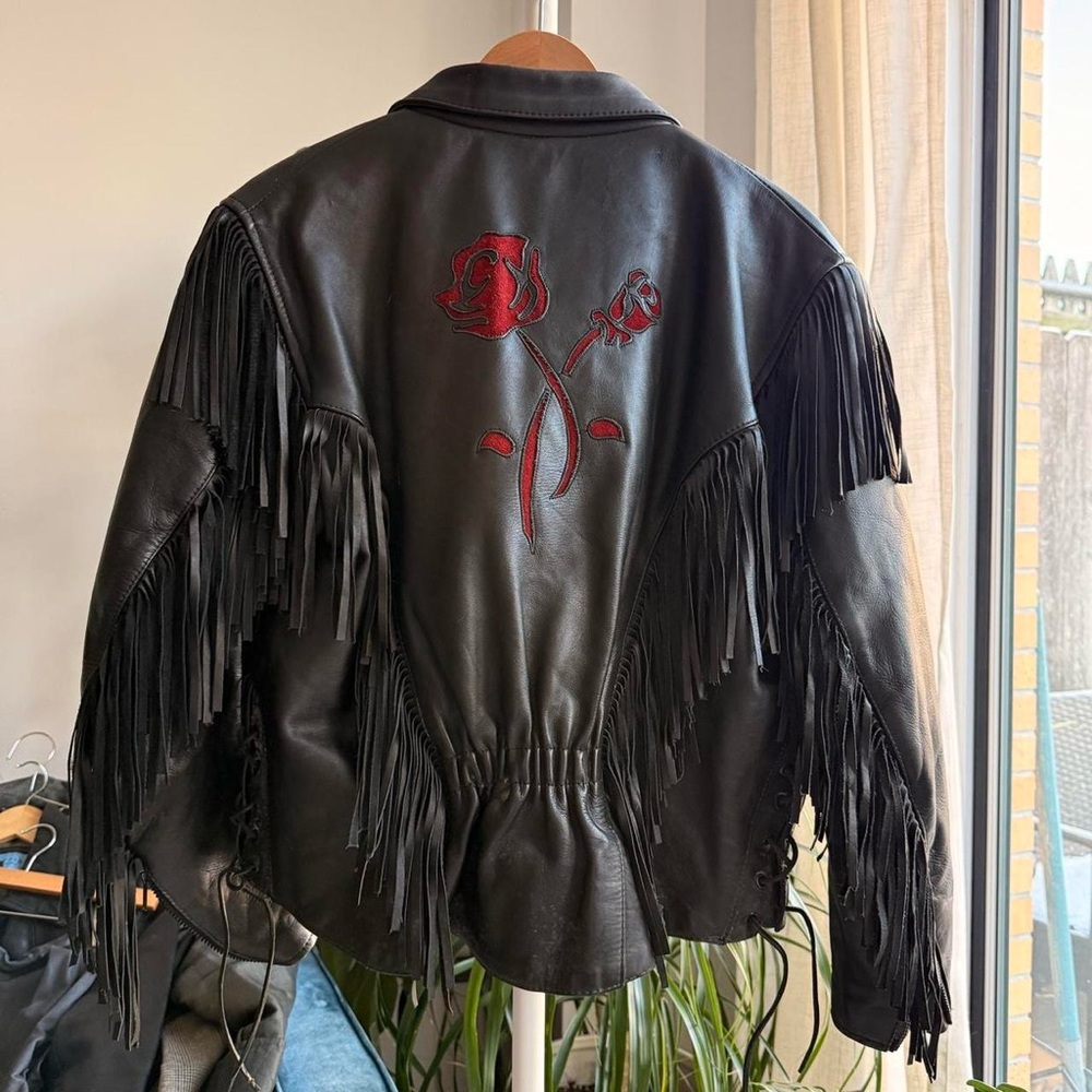 Stylish Biker Black Leather Fringe Jacket with Red Rose Embroidery size XL